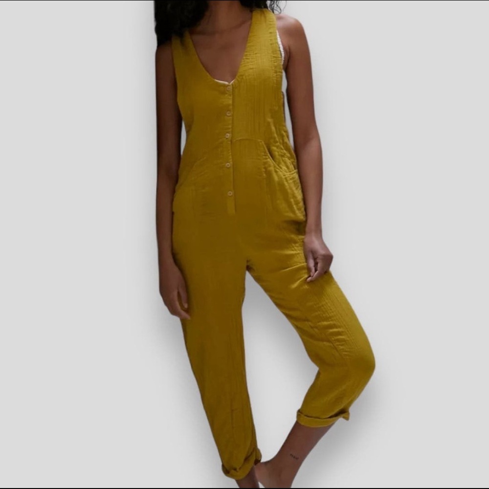 Urban Outfitters Out From Under Gauze Cotton Yellow Rhea Button Front Jumpsuit